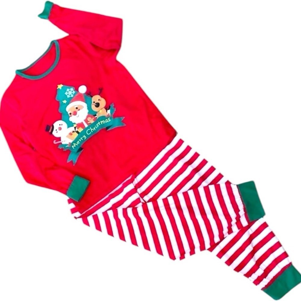 Santa, Reindeer, and Snowman around the Christmas Tree Red white and green Set